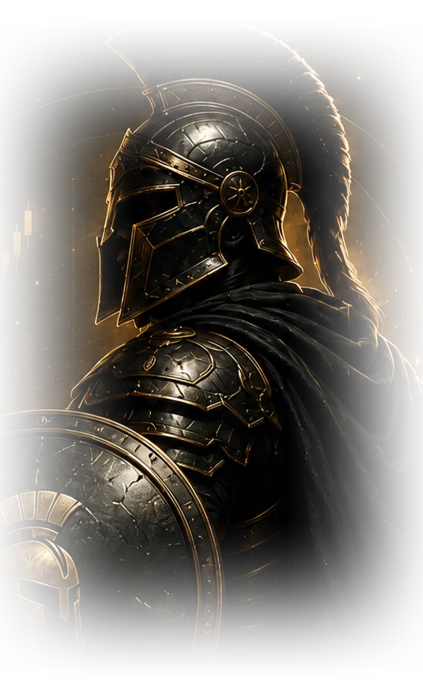Centurião em armadura, com escudo, diante de um gráfico de velas